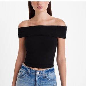 Express Fitted Ribbed Off The Shoulder Overlay  Top, Size Medium, Black Color.